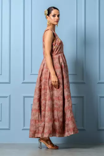 Chocolate brown chanderi floral printed anarkali set