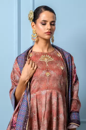 Chocolate brown chanderi floral printed anarkali set