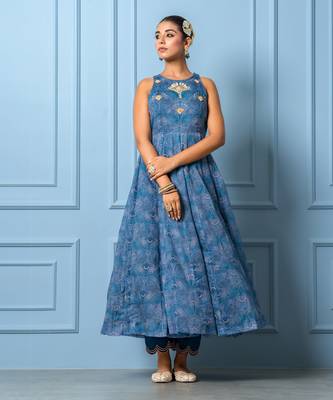 Navy blue chanderi floral printed anarkali set 1