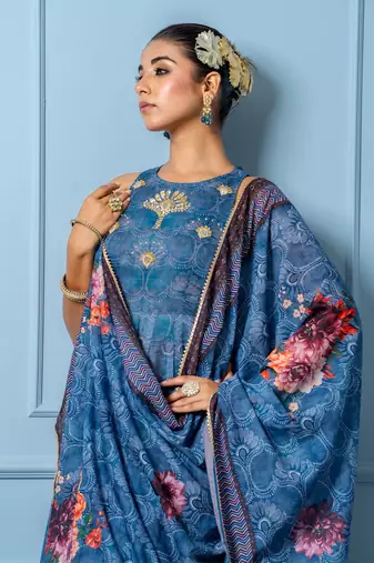 Navy blue chanderi floral printed anarkali set