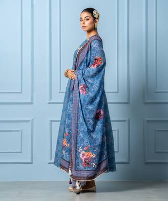 Navy blue chanderi floral printed anarkali set 3
