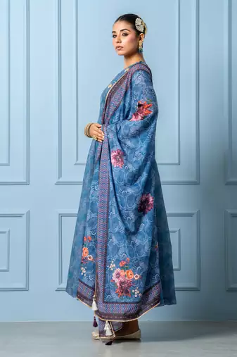Navy blue chanderi floral printed anarkali set