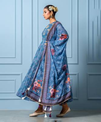 Navy blue chanderi floral printed anarkali set 4