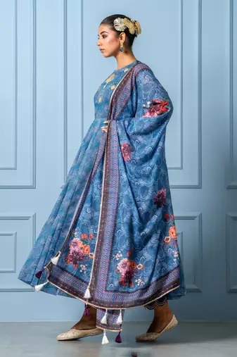 Navy blue chanderi floral printed anarkali set