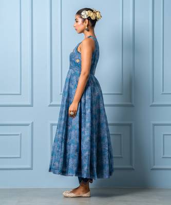 Navy blue chanderi floral printed anarkali set 5