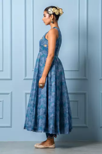Navy blue chanderi floral printed anarkali set