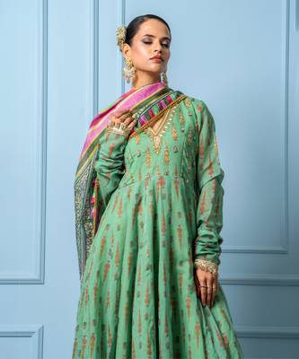 Green chanderi printed anarkali set 1