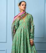 Green chanderi printed anarkali set