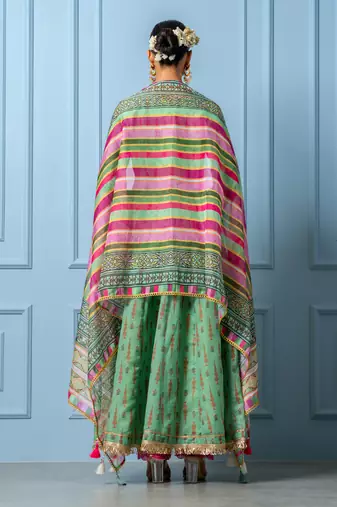 Green chanderi printed anarkali set