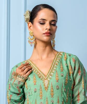 Green chanderi printed anarkali set 3