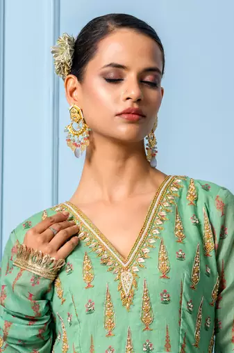 Green chanderi printed anarkali set
