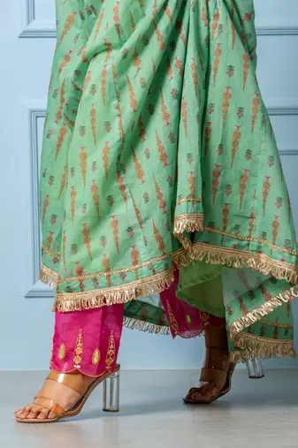 Green chanderi printed anarkali set