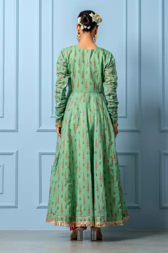 Green chanderi printed anarkali set