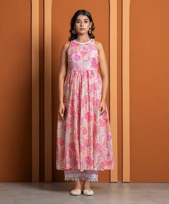 Pink chanderi printed anarkali set 1