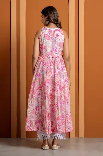 Pink chanderi printed anarkali set