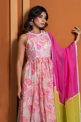 Pink chanderi printed anarkali set