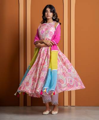 Pink chanderi printed anarkali set 4