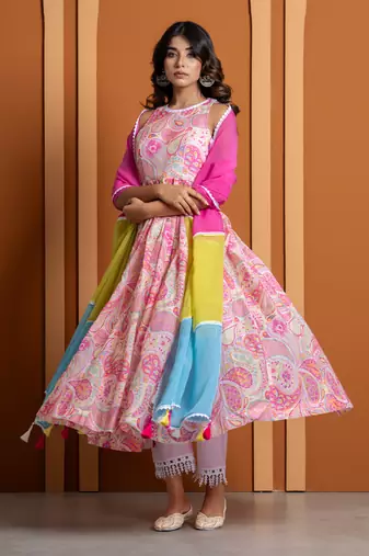 Pink chanderi printed anarkali set