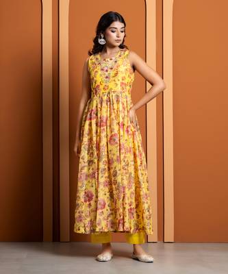 Yellow chanderi printed anarkali set 1