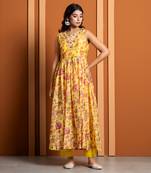 Yellow chanderi printed anarkali set