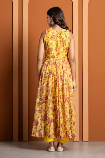 Yellow chanderi printed anarkali set