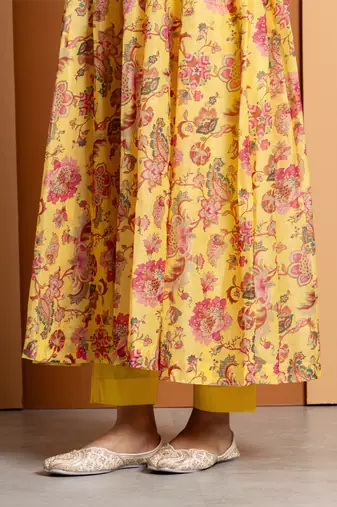 Yellow chanderi printed anarkali set