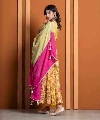 Yellow chanderi printed anarkali set 4