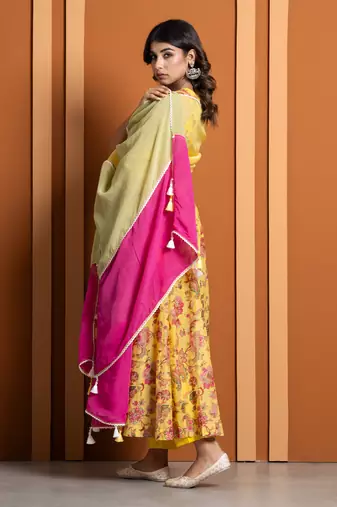 Yellow chanderi printed anarkali set