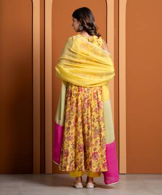 Yellow chanderi printed anarkali set 5
