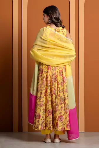 Yellow chanderi printed anarkali set