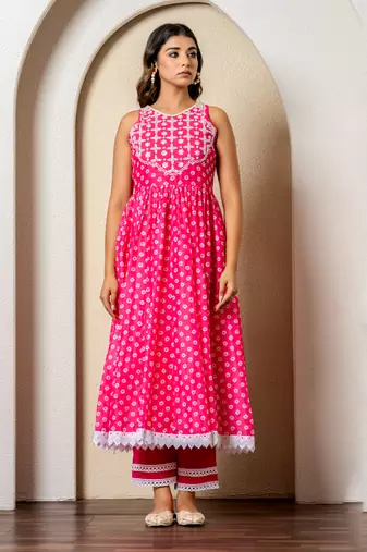Pink bandhej print anarkali set