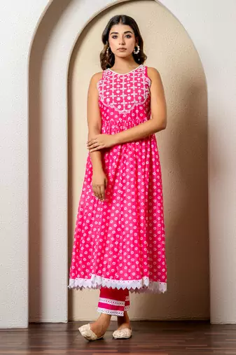 Pink bandhej print anarkali set
