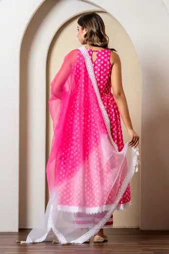 Pink bandhej print anarkali set