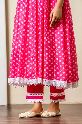 Pink bandhej print anarkali set