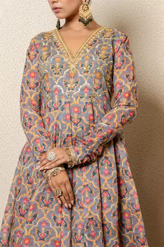 Multi-colored chanderi printed anarkali set