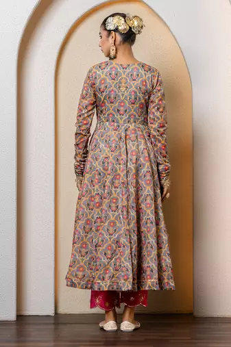 Multi-colored chanderi printed anarkali set
