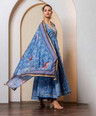 Navy blue chanderi floral printed anarkali set 1