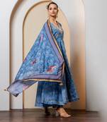 Navy blue chanderi floral printed anarkali set