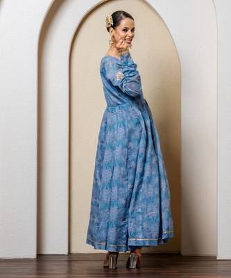 Navy blue chanderi floral printed anarkali set 2