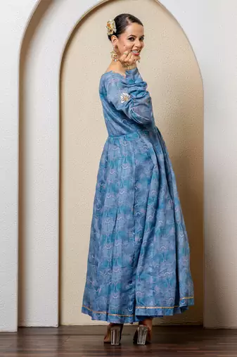 Navy blue chanderi floral printed anarkali set