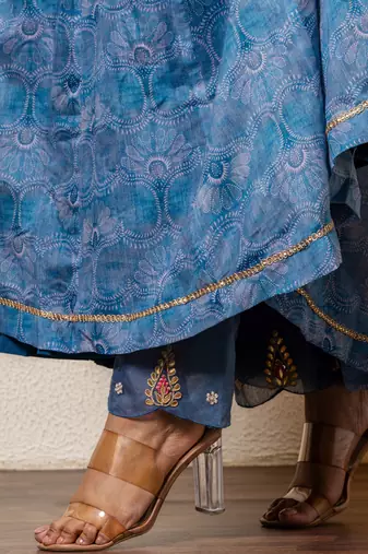 Navy blue chanderi floral printed anarkali set