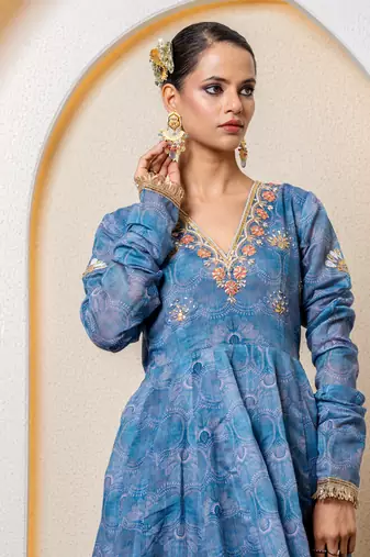 Navy blue chanderi floral printed anarkali set