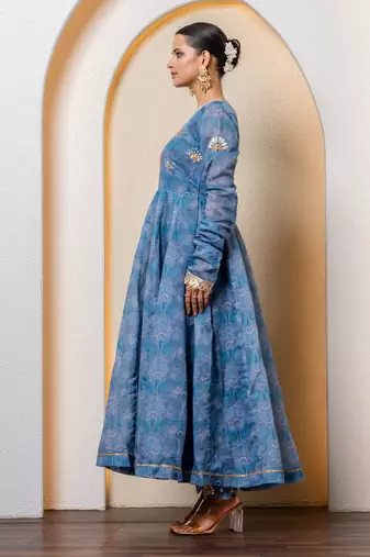 Navy blue chanderi floral printed anarkali set