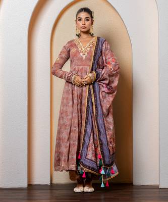 Chocolate brown chanderi floral printed anarkali set 1