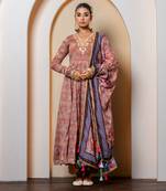 Chocolate brown chanderi floral printed anarkali set