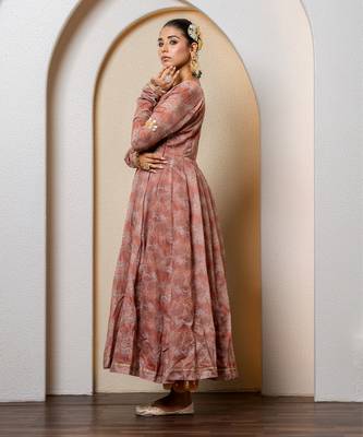 Chocolate brown chanderi floral printed anarkali set 2