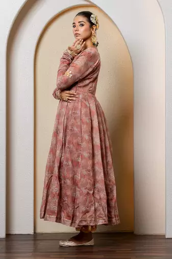 Chocolate brown chanderi floral printed anarkali set