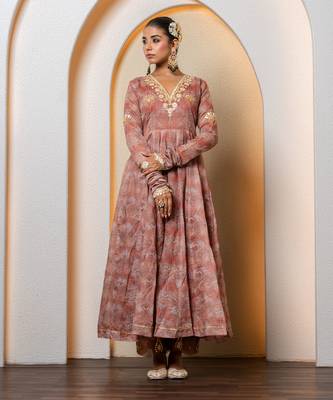 Chocolate brown chanderi floral printed anarkali set 3