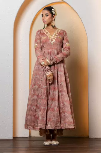 Chocolate brown chanderi floral printed anarkali set