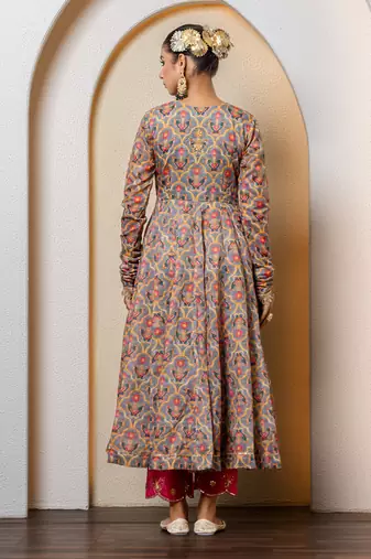 Chocolate brown chanderi floral printed anarkali set